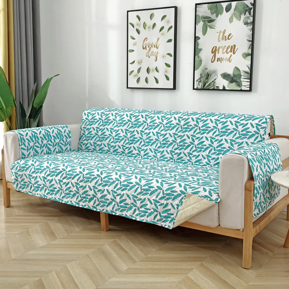 Leaf Print Quilted One-Piece Couch Cover with Non-Slip Elastic Straps - Image 5