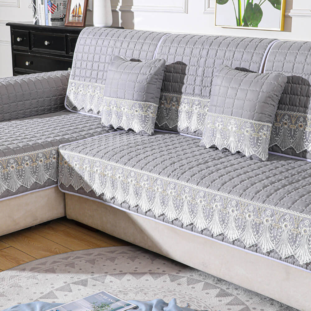 Luxury Quilted Lace Embroidery Non-Slip Couch Cover - Image 2