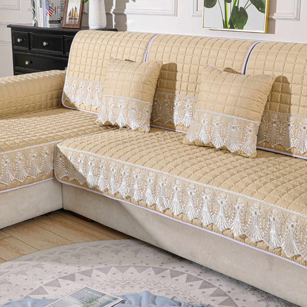 Luxury Quilted Lace Embroidery Non-Slip Couch Cover - Image 3