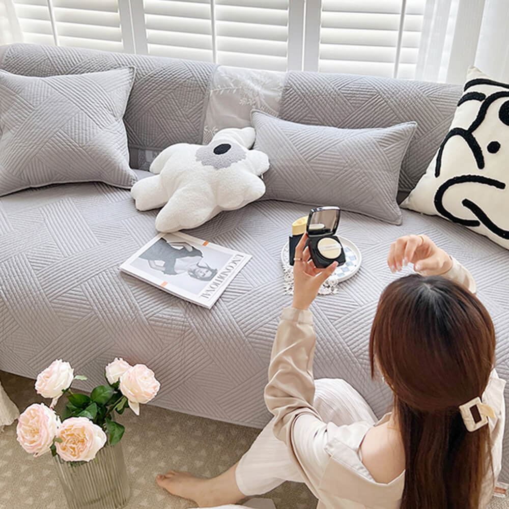 Minimalist All-Season Solid Cotton Geometric Quilted Anti-Slip Couch Cover - Image 10