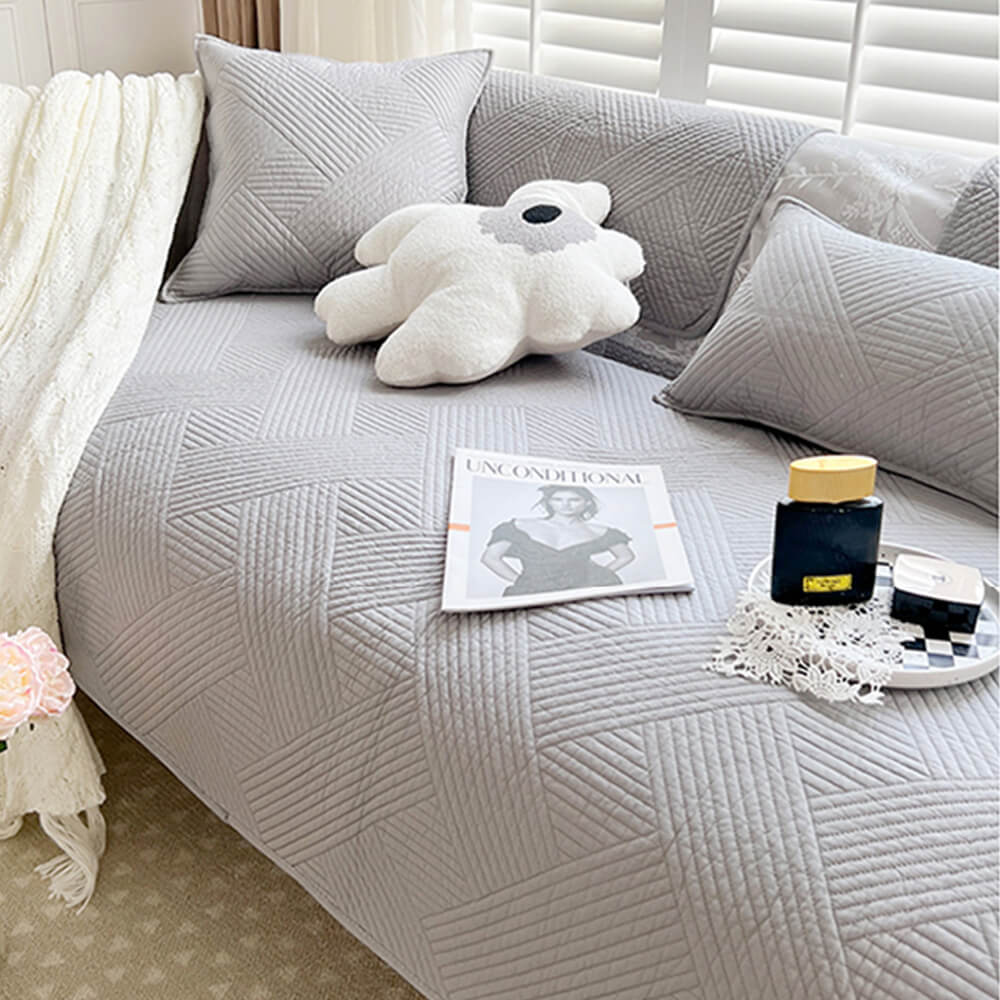 Minimalist All-Season Solid Cotton Geometric Quilted Anti-Slip Couch Cover - Image 11