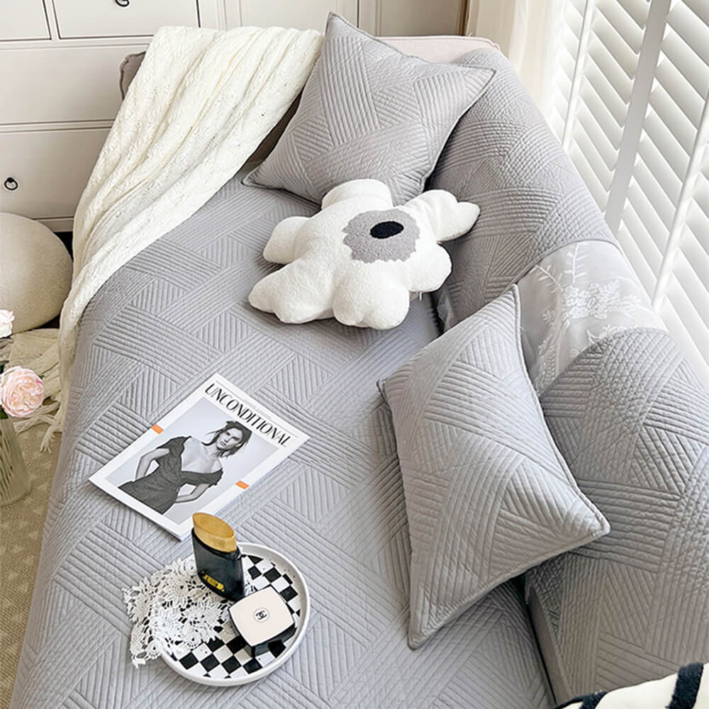 Minimalist All-Season Solid Cotton Geometric Quilted Anti-Slip Couch Cover - Image 12