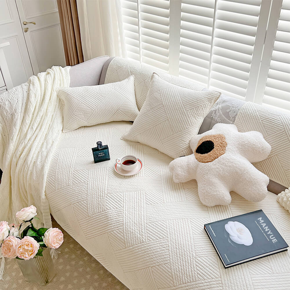 Minimalist All-Season Solid Cotton Geometric Quilted Anti-Slip Couch Cover - Image 14