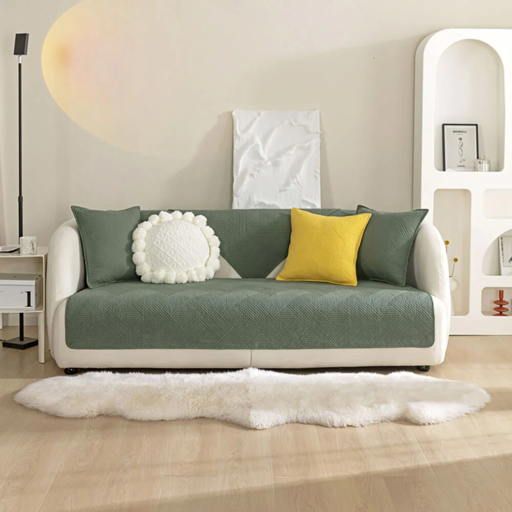 Minimalist All-Season Solid Cotton Geometric Quilted Anti-Slip Couch Cover - Image 19
