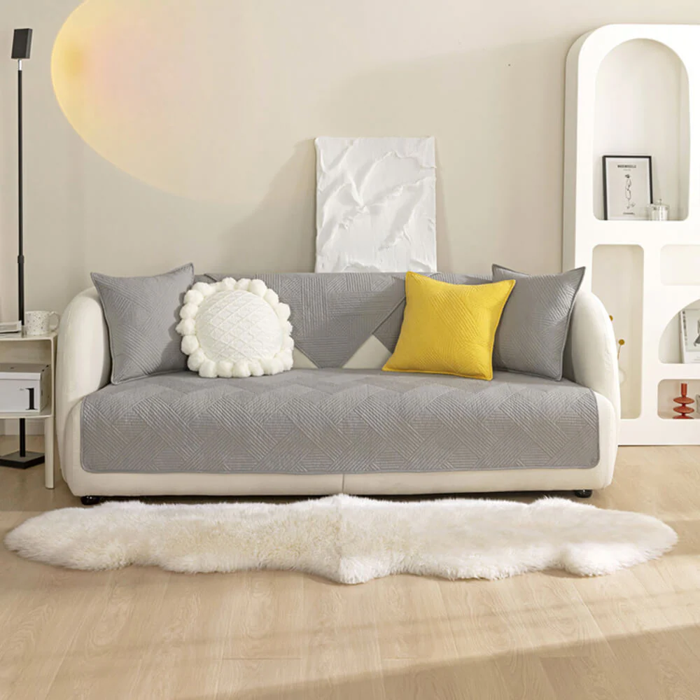 Minimalist All-Season Solid Cotton Geometric Quilted Anti-Slip Couch Cover - Image 21
