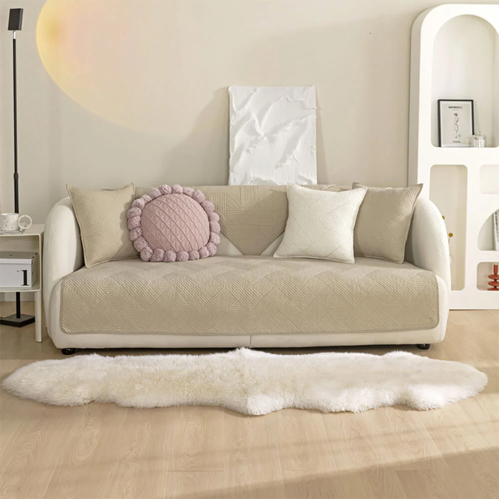 Minimalist All-Season Solid Cotton Geometric Quilted Anti-Slip Couch Cover - Image 22