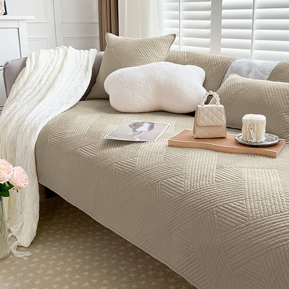 Minimalist All-Season Solid Cotton Geometric Quilted Anti-Slip Couch Cover - Image 23
