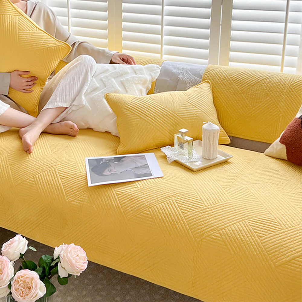 Minimalist All-Season Solid Cotton Geometric Quilted Anti-Slip Couch Cover - Image 27