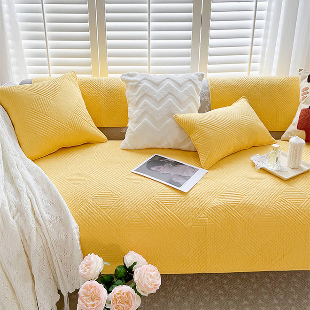 Minimalist All-Season Solid Cotton Geometric Quilted Anti-Slip Couch Cover - Image 8