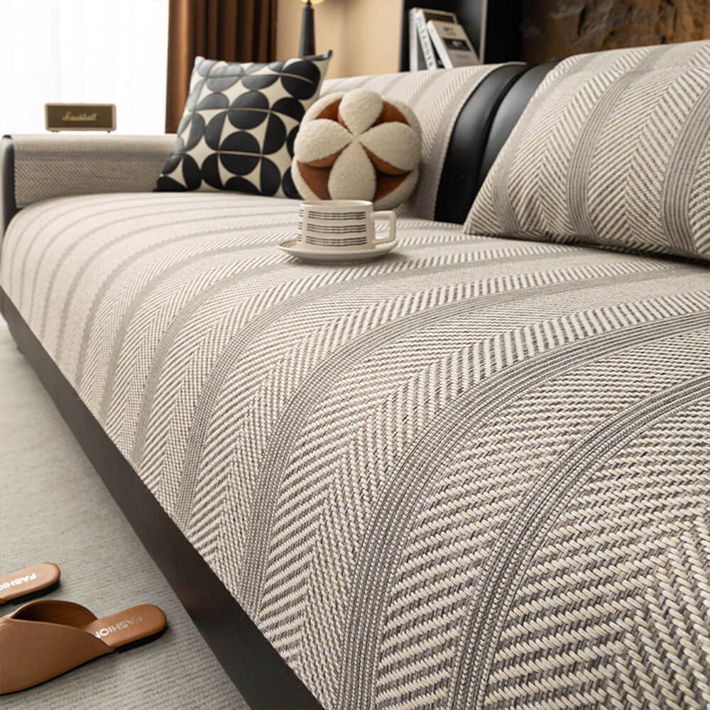 Minimalist Herringbone Weave Breathable Faux Linen All-Season Couch Cover - Image 10
