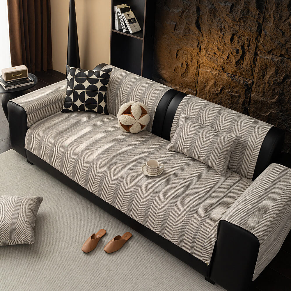 Minimalist Herringbone Weave Breathable Faux Linen All-Season Couch Cover - Image 12