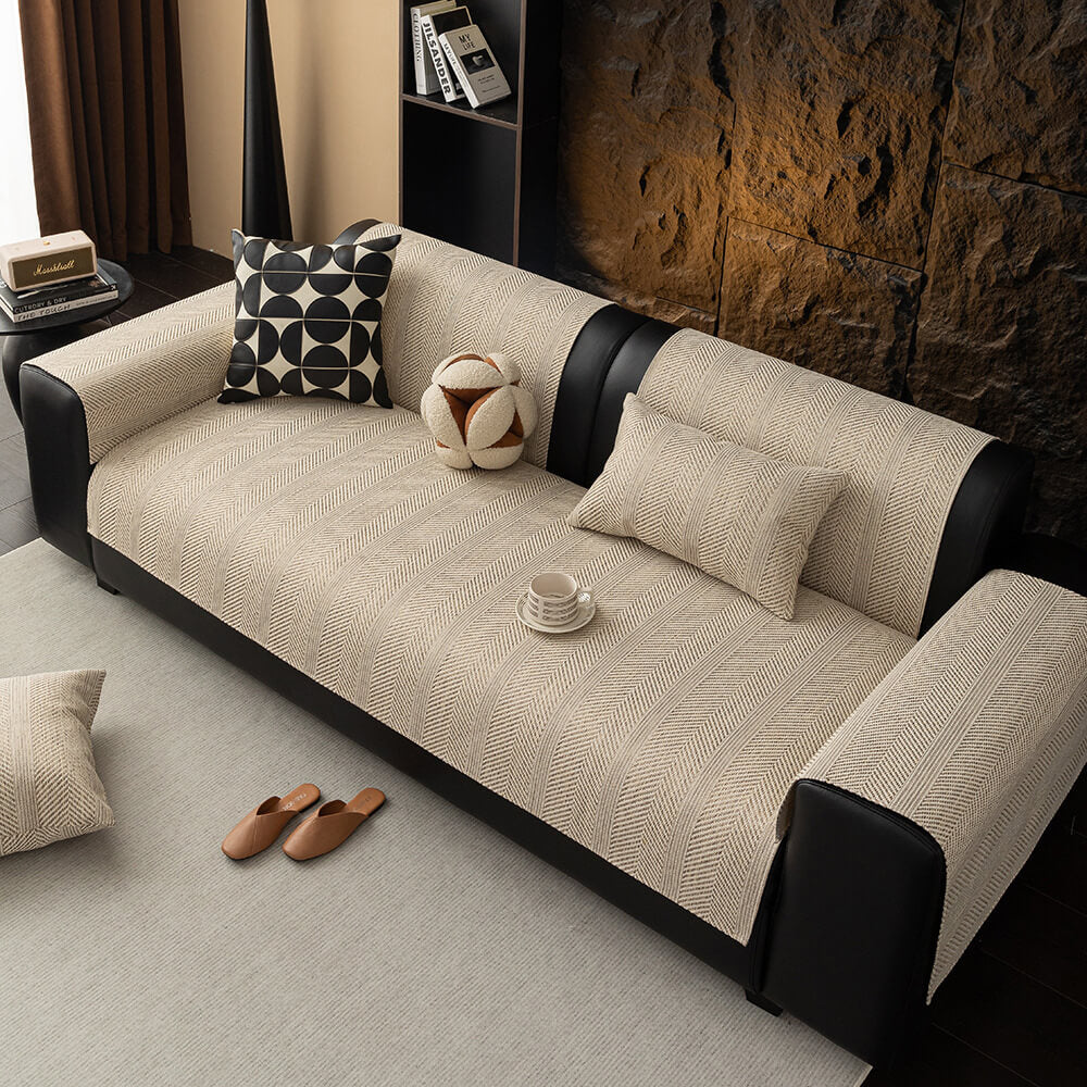 Minimalist Herringbone Weave Breathable Faux Linen All-Season Couch Cover - Image 13