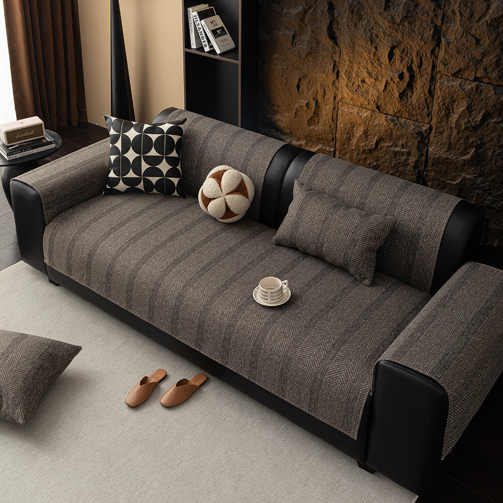 Minimalist Herringbone Weave Breathable Faux Linen All-Season Couch Cover - Image 14