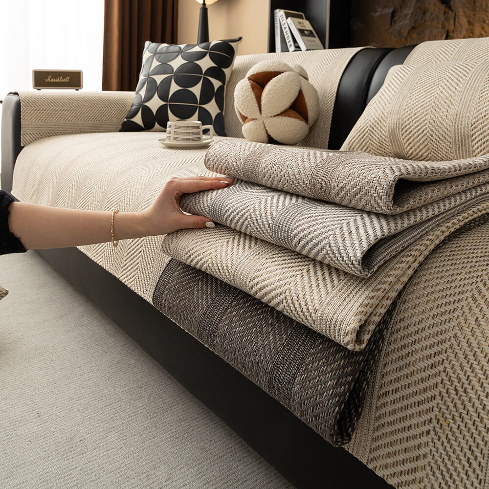 Minimalist Herringbone Weave Breathable Faux Linen All-Season Couch Cover - Image 3