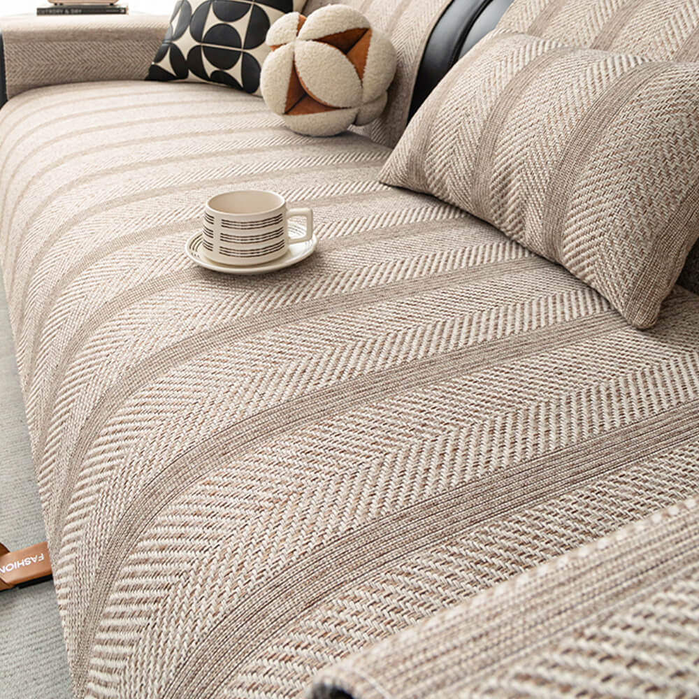 Minimalist Herringbone Weave Breathable Faux Linen All-Season Couch Cover - Image 4