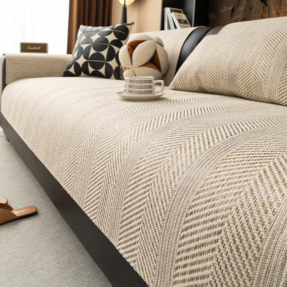 Minimalist Herringbone Weave Breathable Faux Linen All-Season Couch Cover - Image 9
