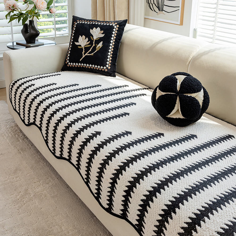 Modern Chevron Stripes Chenille Couch Cover with Wavy Edges - Image 3