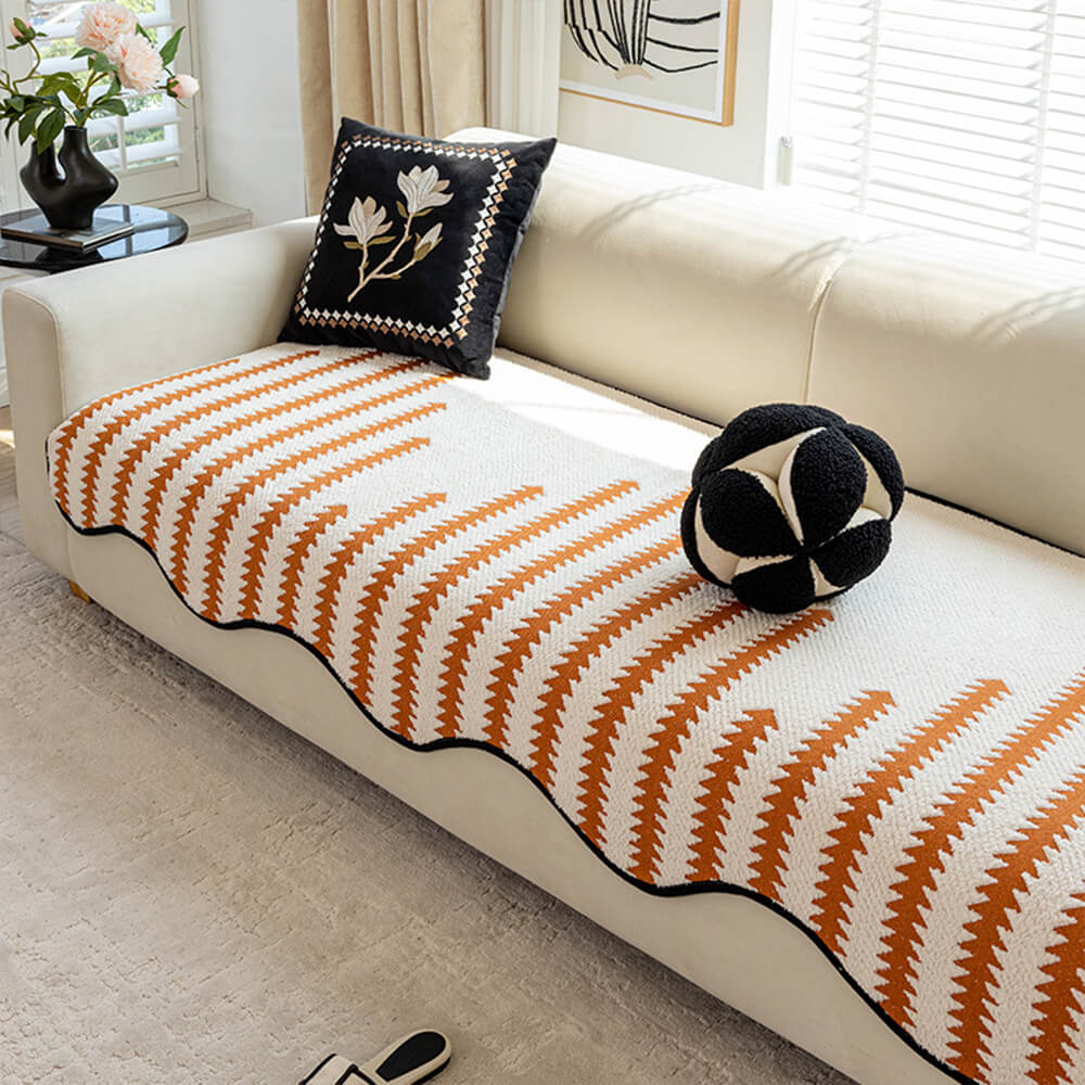 Modern Chevron Stripes Chenille Couch Cover with Wavy Edges - Image 4