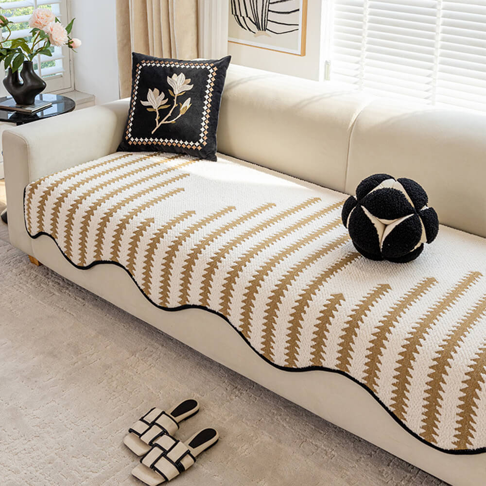 Modern Chevron Stripes Chenille Couch Cover with Wavy Edges - Image 6