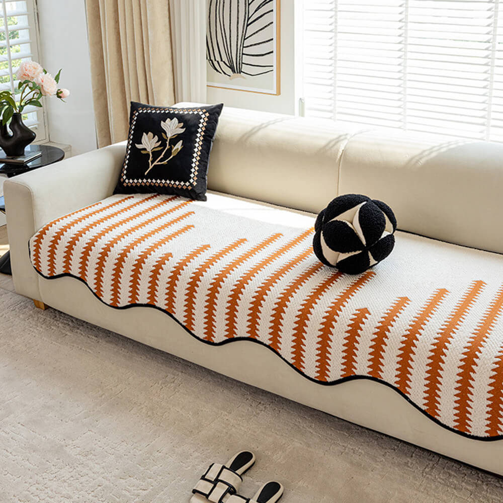 Modern Chevron Stripes Chenille Couch Cover with Wavy Edges - Image 8