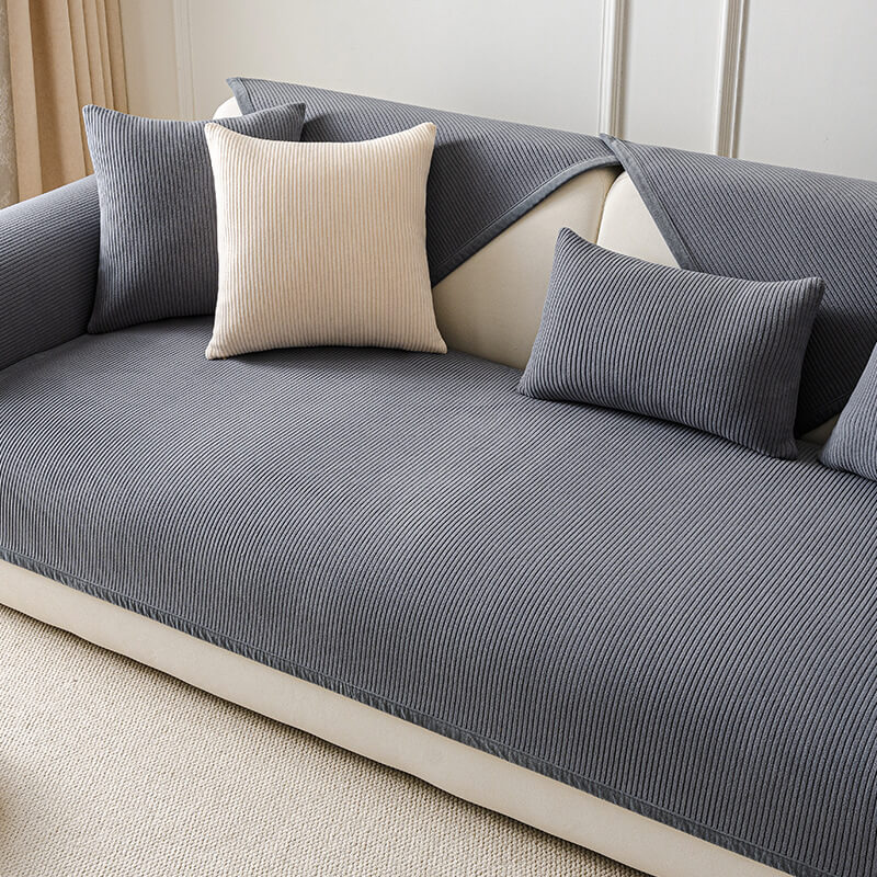 Modern Cream Vertical Stripes Fleece Couch Cover for All Seasons - Image 10