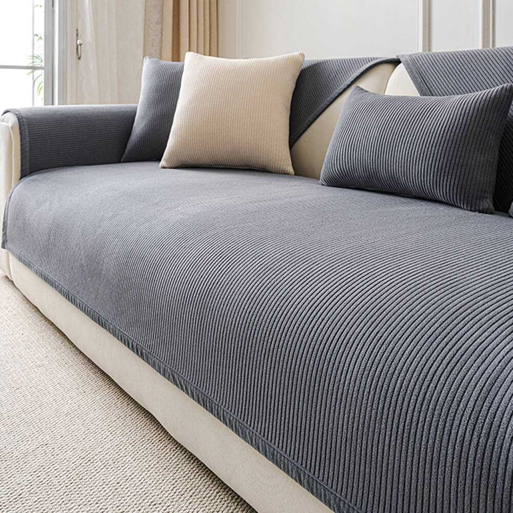 Modern Cream Vertical Stripes Fleece Couch Cover for All Seasons - Image 12