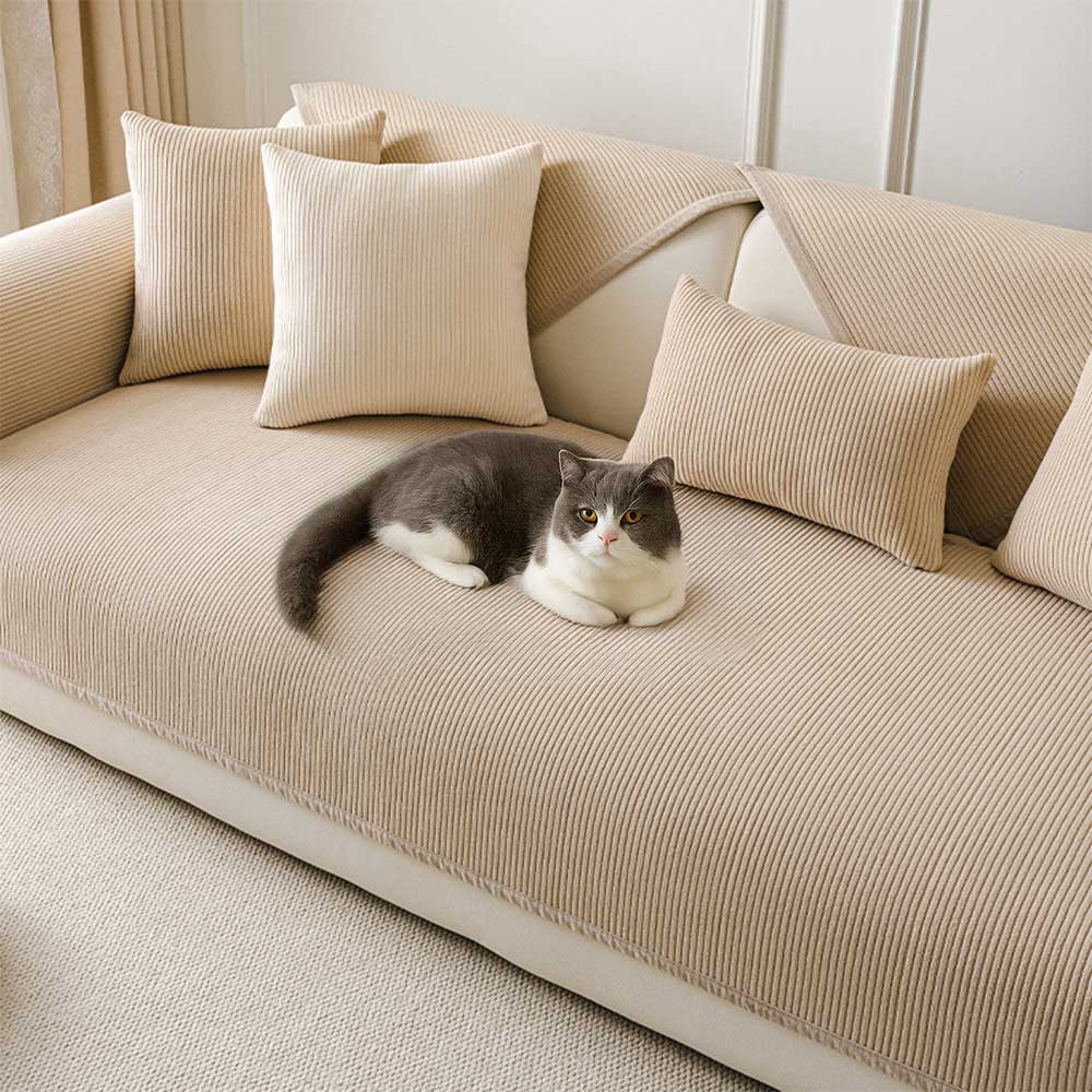 Modern Cream Vertical Stripes Fleece Couch Cover for All Seasons - Image 2