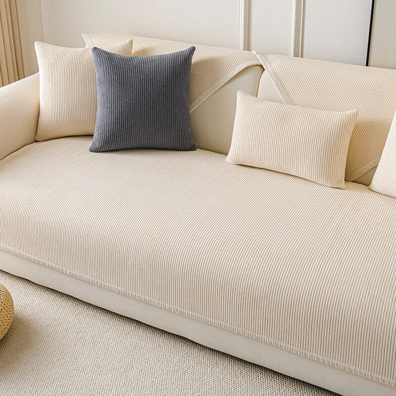 Modern Cream Vertical Stripes Fleece Couch Cover for All Seasons - Image 7