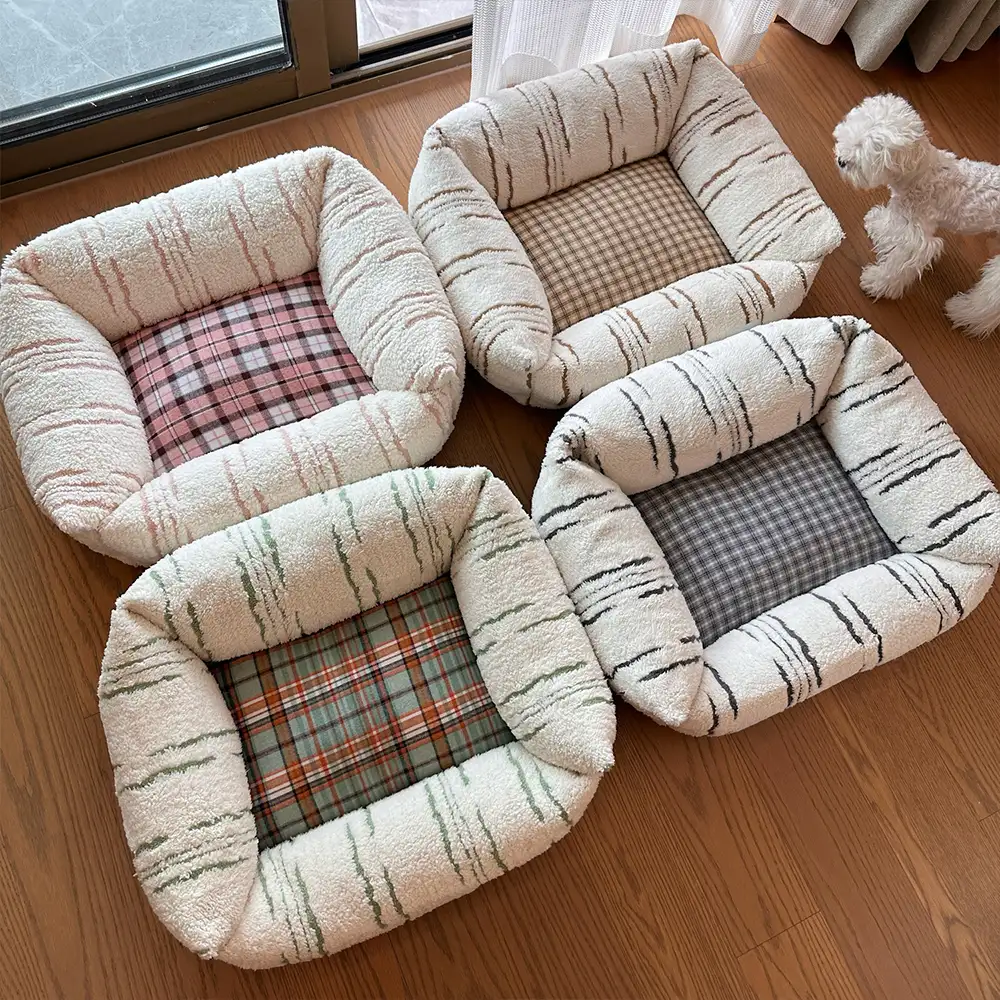 Modern Plaid Plush Thickened Square Calming Dog Bed - Image 10