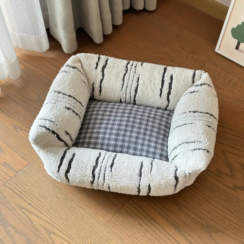 Modern Plaid Plush Thickened Square Calming Dog Bed - Image 12