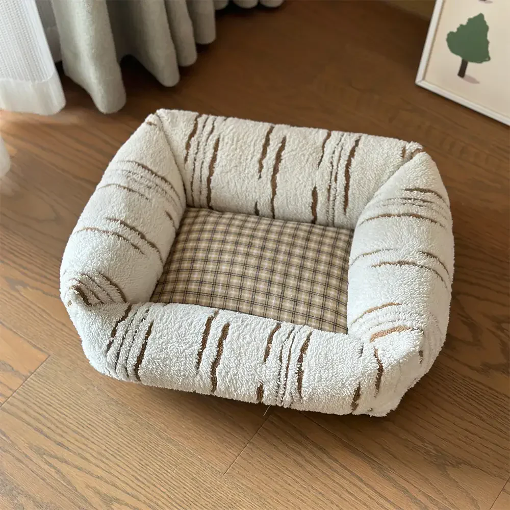 Modern Plaid Plush Thickened Square Calming Dog Bed - Image 13