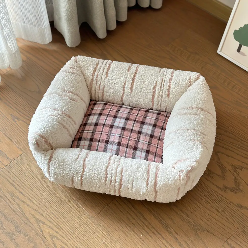 Modern Plaid Plush Thickened Square Calming Dog Bed - Image 14