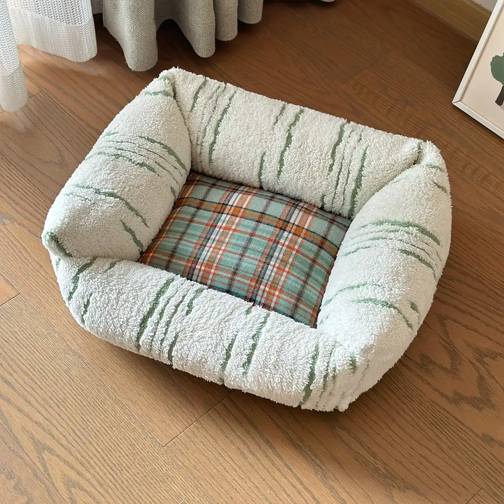 Modern Plaid Plush Thickened Square Calming Dog Bed - Image 15
