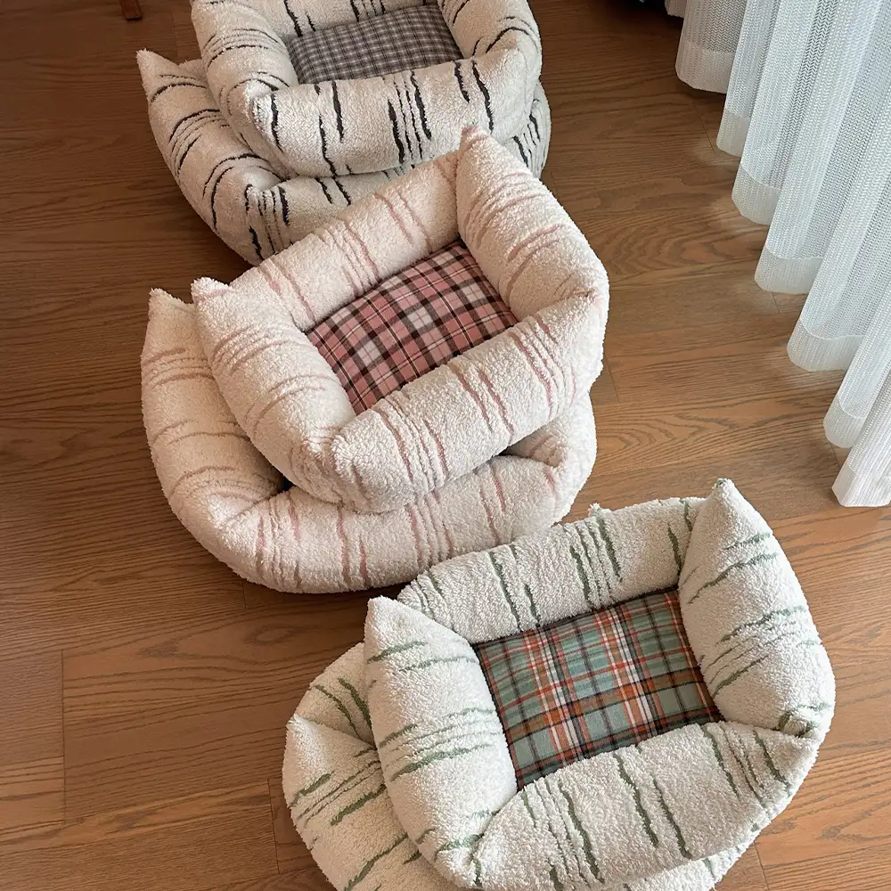 Modern Plaid Plush Thickened Square Calming Dog Bed - Image 16