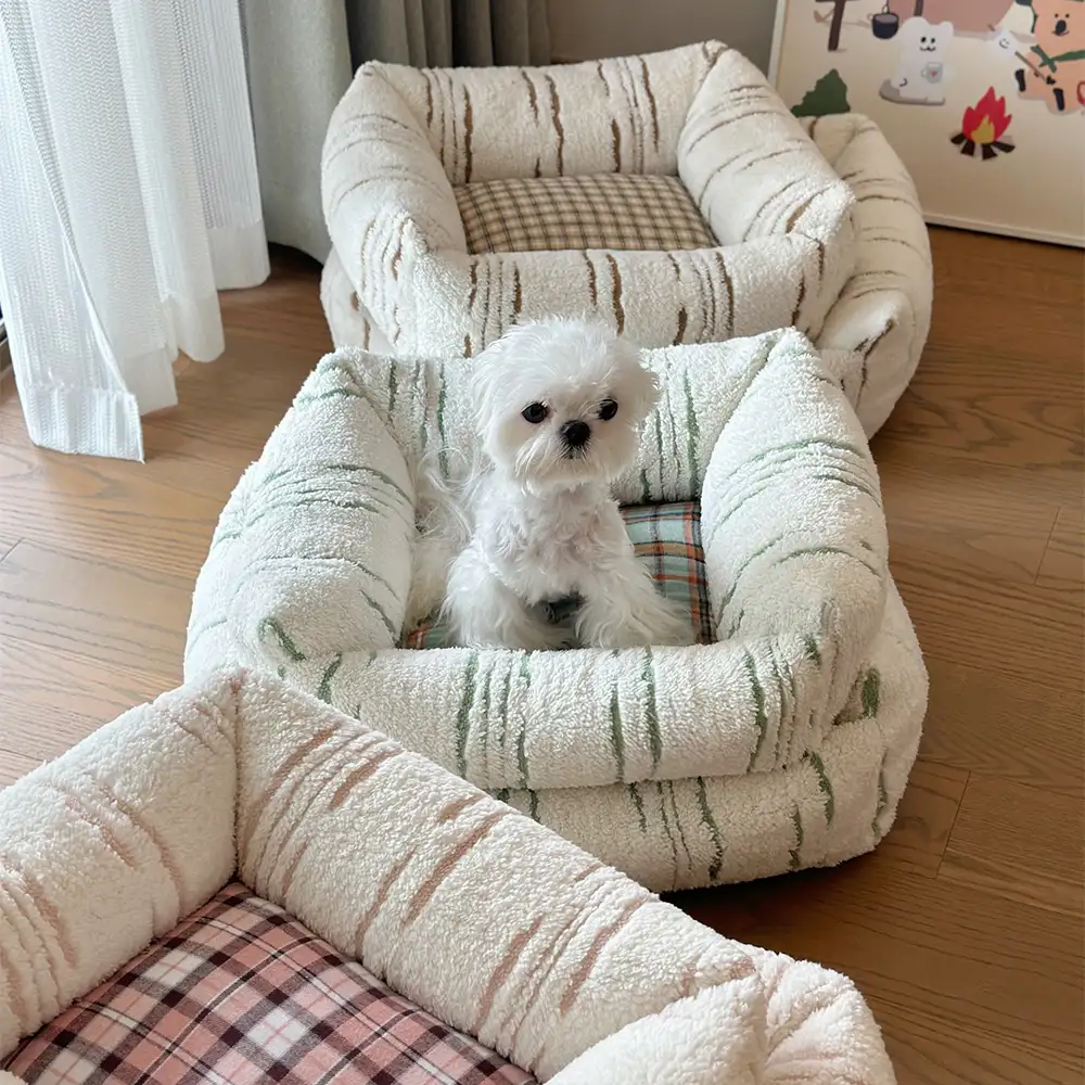 Modern Plaid Plush Thickened Square Calming Dog Bed - Image 3