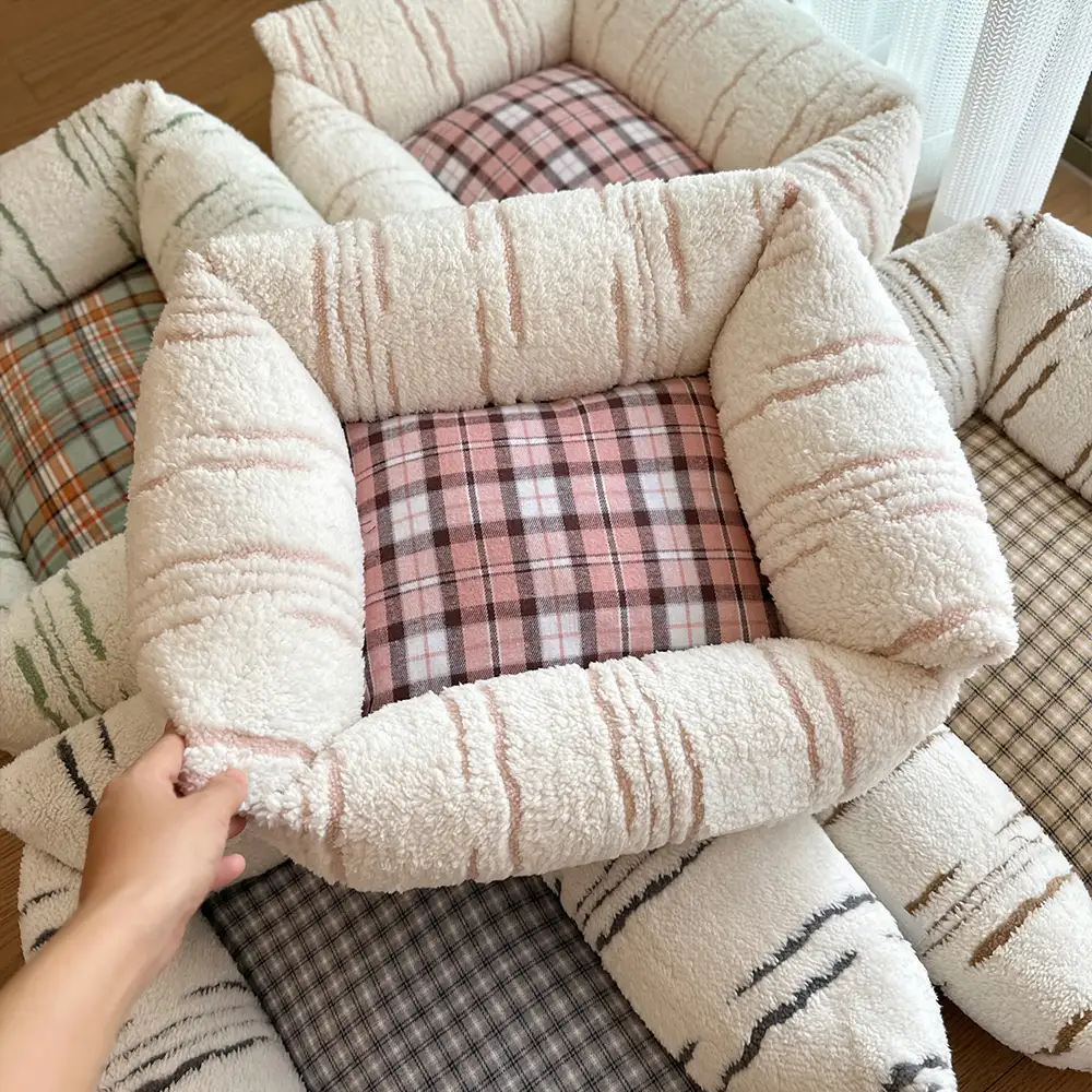 Modern Plaid Plush Thickened Square Calming Dog Bed - Image 9