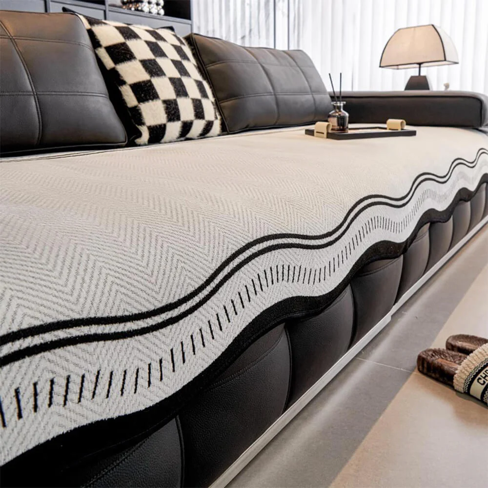 Non-Slip Herringbone Chenille Couch Cover with Wavy Edges - Image 13