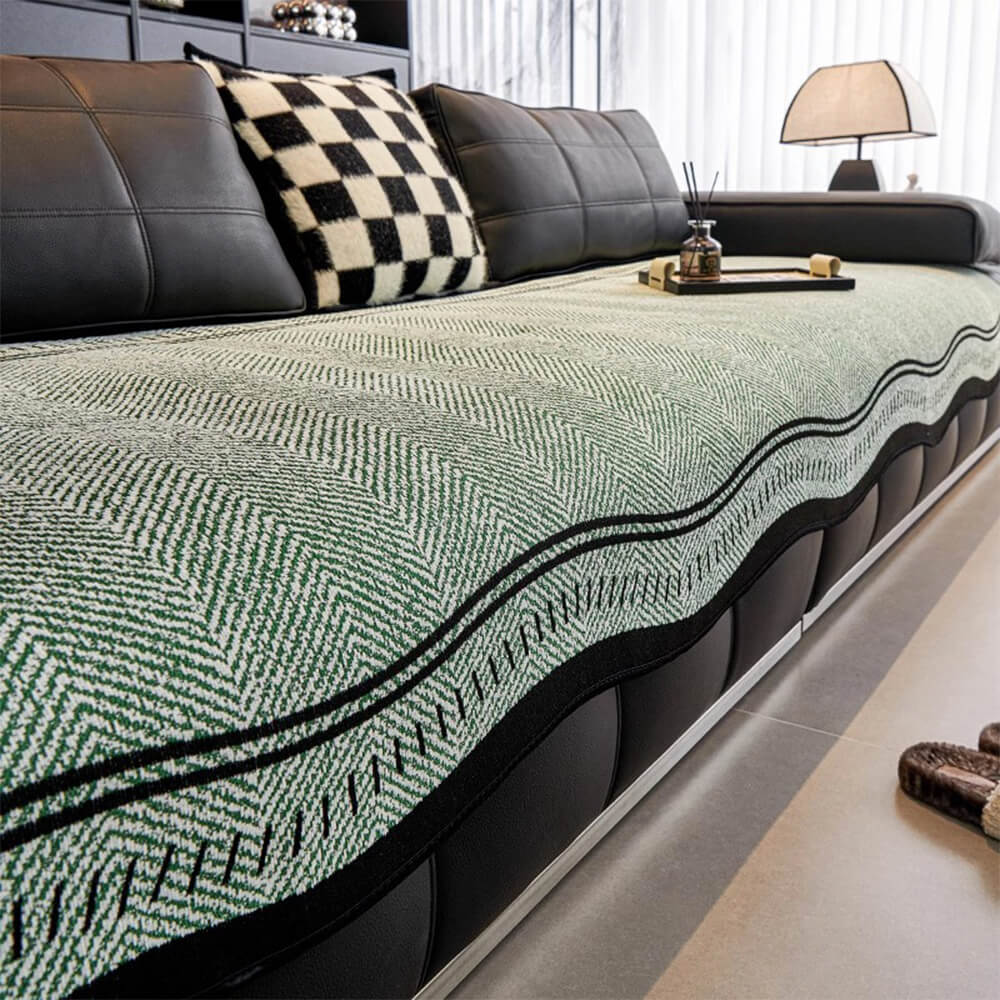 Non-Slip Herringbone Chenille Couch Cover with Wavy Edges - Image 14