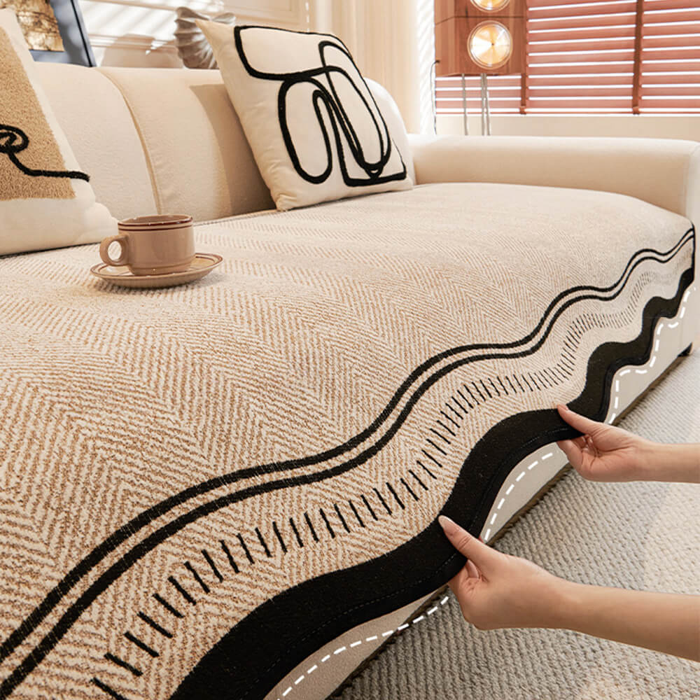 Non-Slip Herringbone Chenille Couch Cover with Wavy Edges - Image 2
