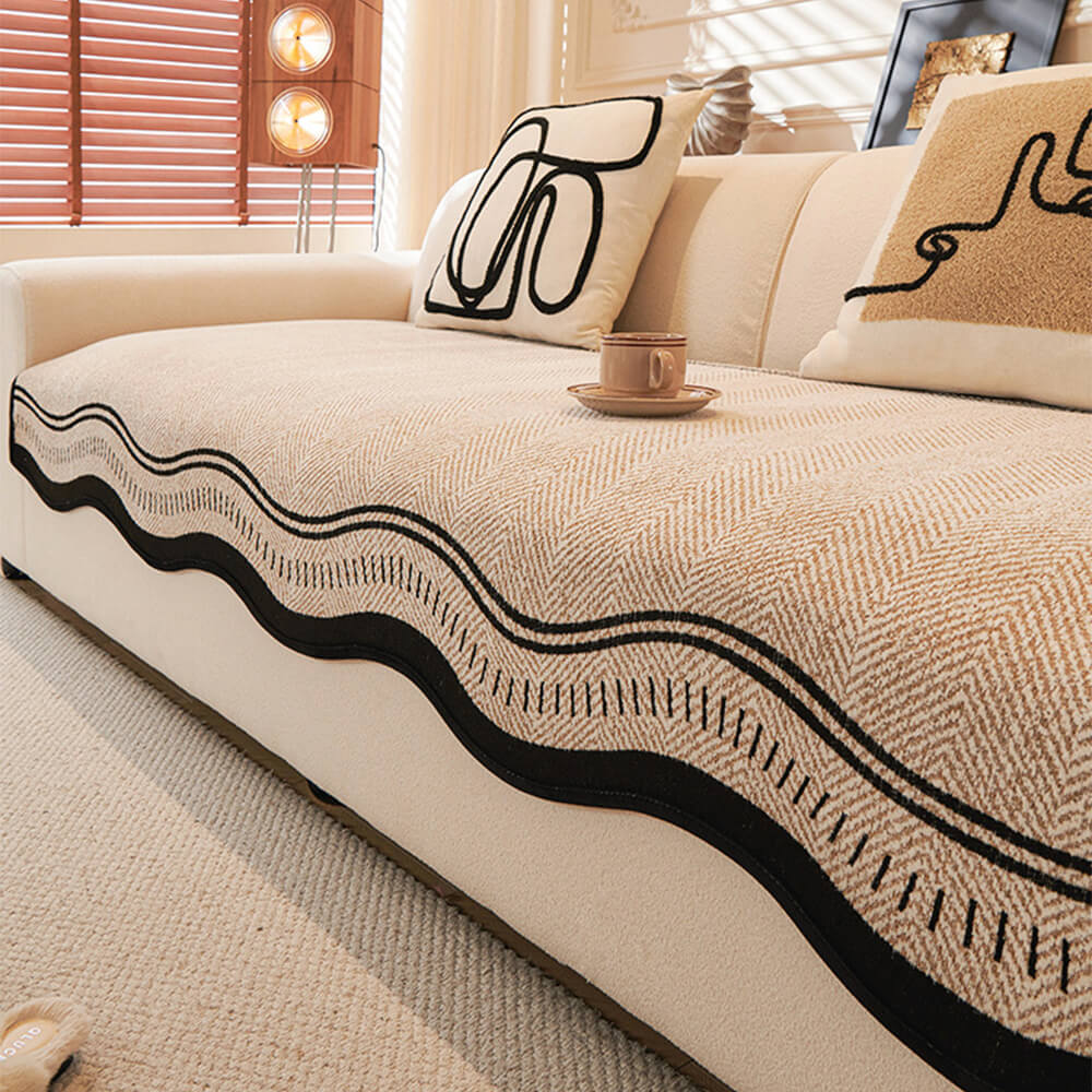 Non-Slip Herringbone Chenille Couch Cover with Wavy Edges - Image 4