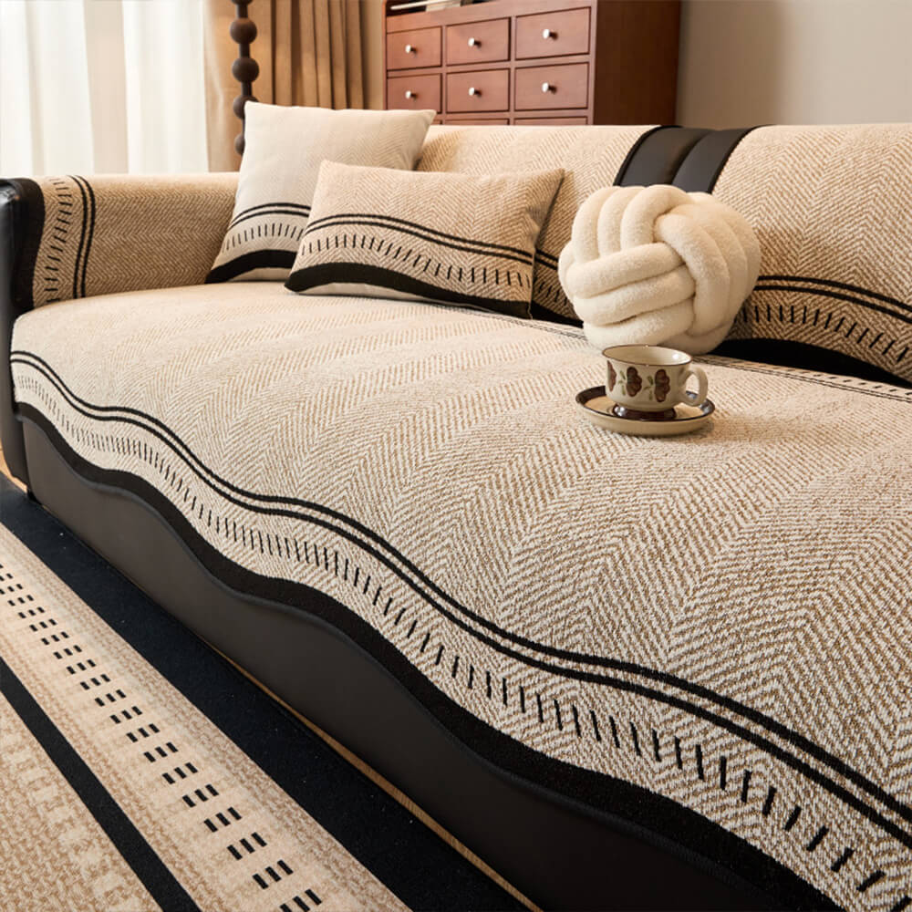 Non-Slip Herringbone Chenille Couch Cover with Wavy Edges - Image 5