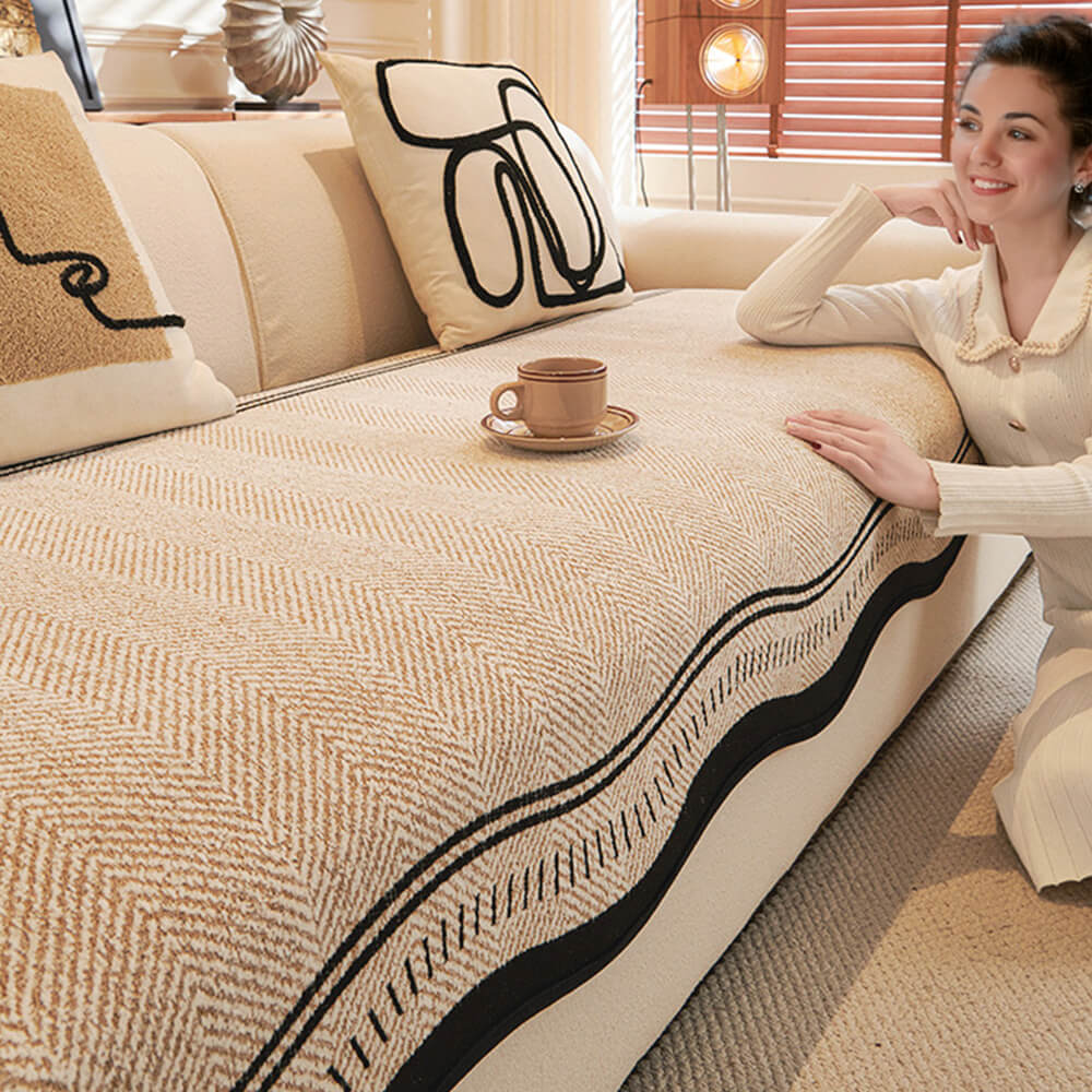 Non-Slip Herringbone Chenille Couch Cover with Wavy Edges - Image 8
