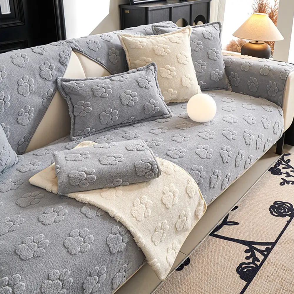 Paw Print Cute Plush Thick Sofa Decoration Non-slip Couch Cover - Image 13