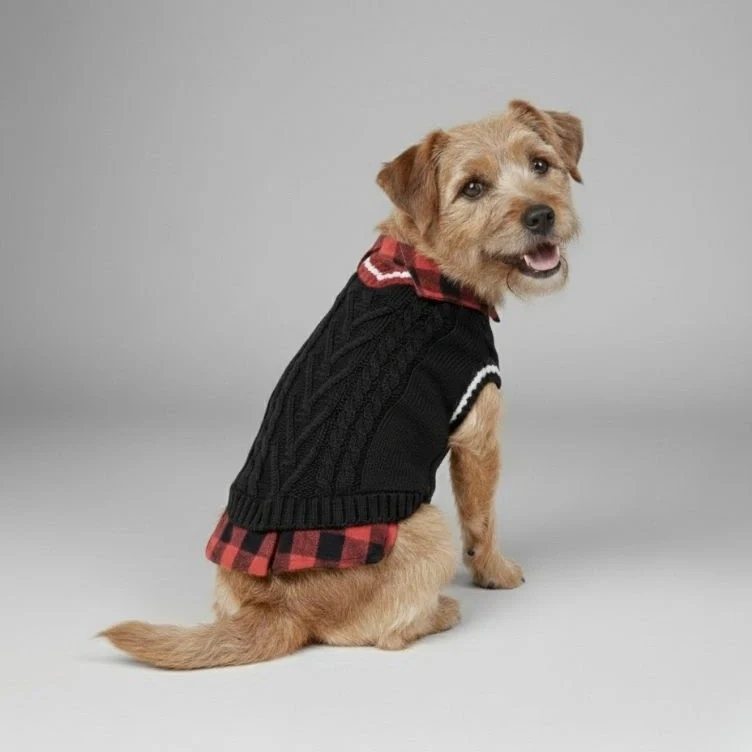 Perfect for Fall Winter Plaid Collar Cable Knit Dog Jumper Vest
