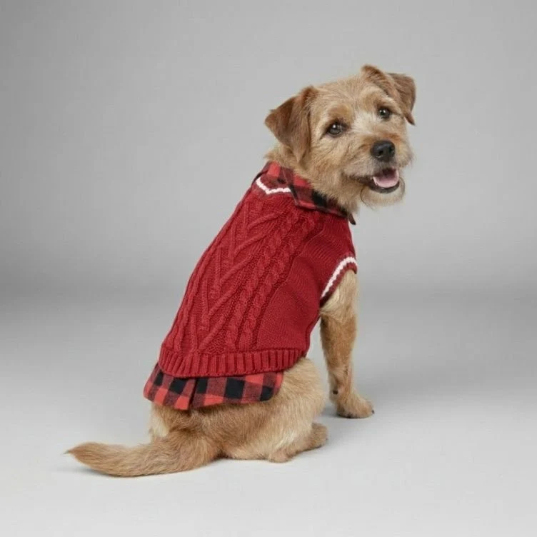 Perfect for Fall Winter Plaid Collar Cable Knit Dog Jumper Vest - Image 2