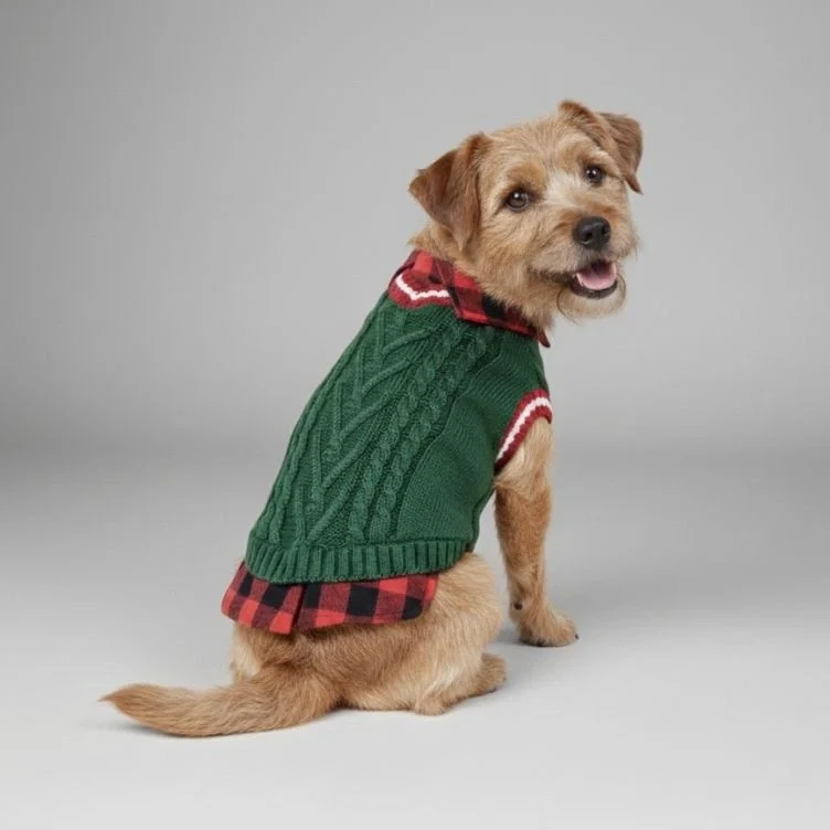 Perfect for Fall Winter Plaid Collar Cable Knit Dog Jumper Vest - Image 3