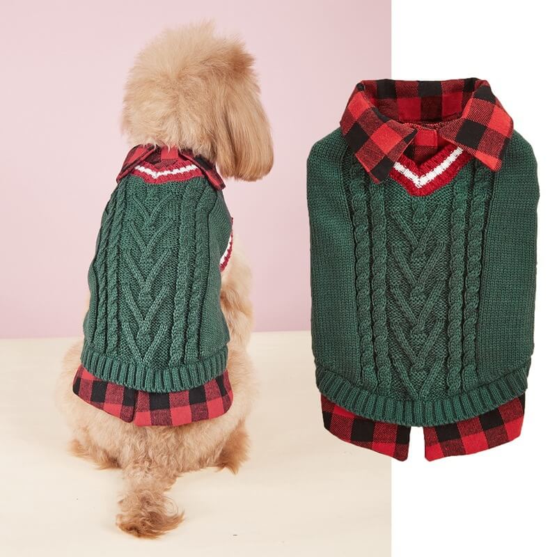 Perfect for Fall Winter Plaid Collar Cable Knit Dog Jumper Vest - Image 5