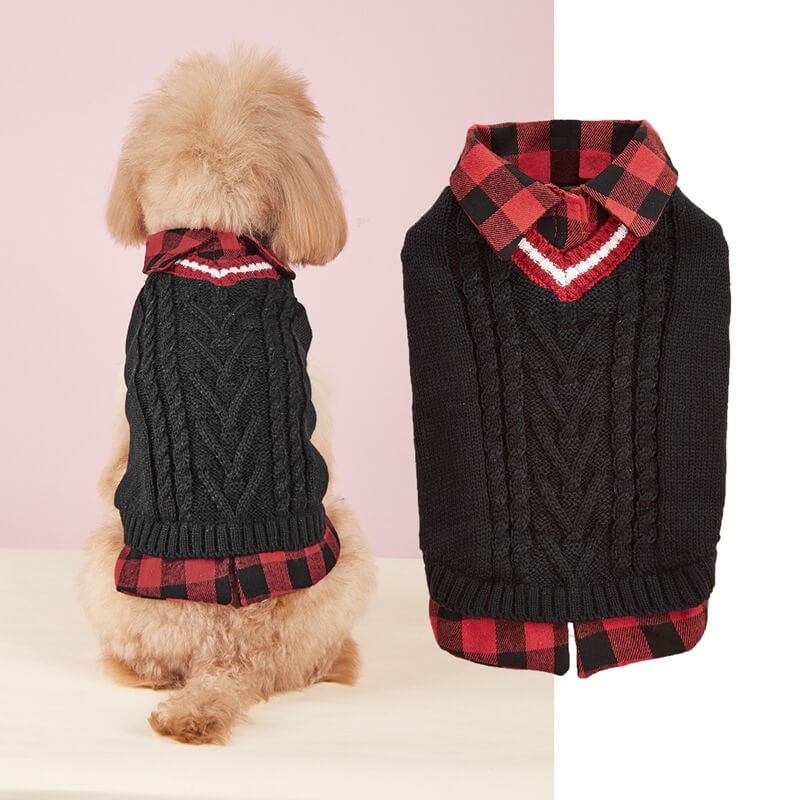 Perfect for Fall Winter Plaid Collar Cable Knit Dog Jumper Vest - Image 7