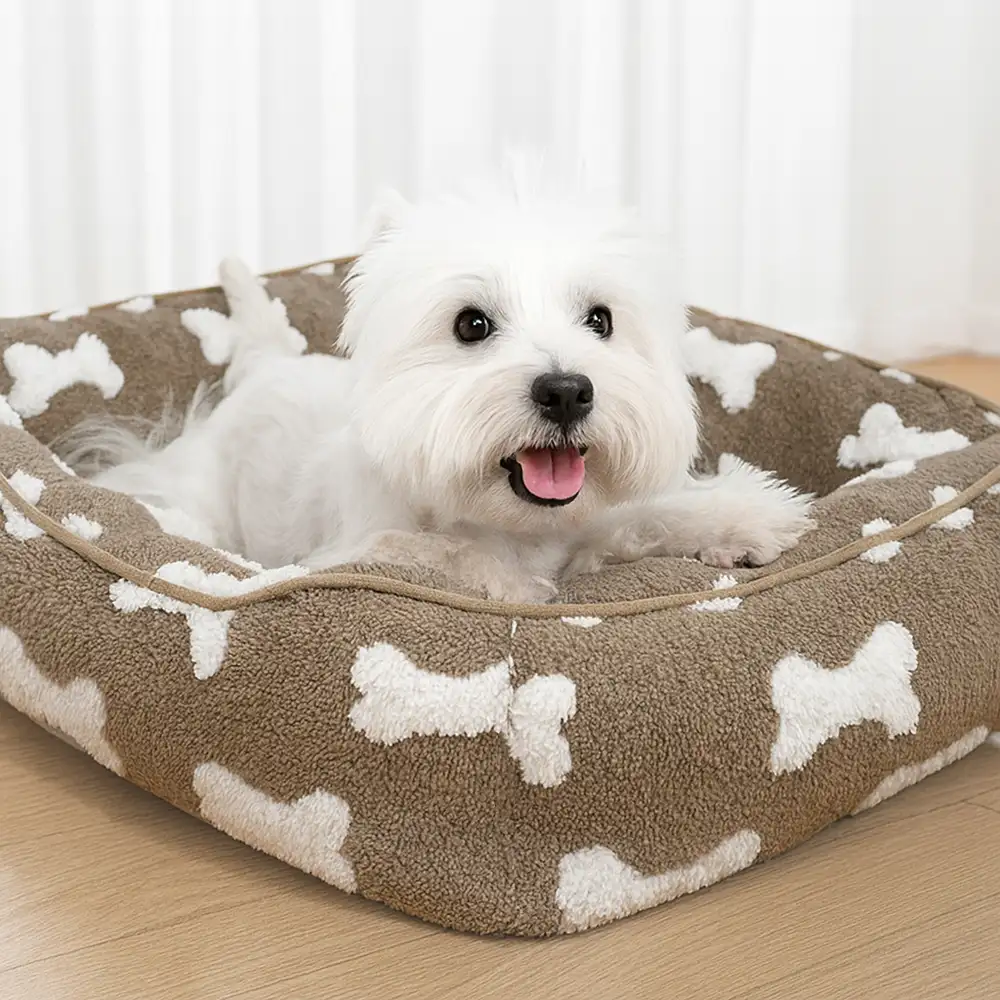 Plush Bone Pattern Square Deep Sleep Dog Bed - Image 3