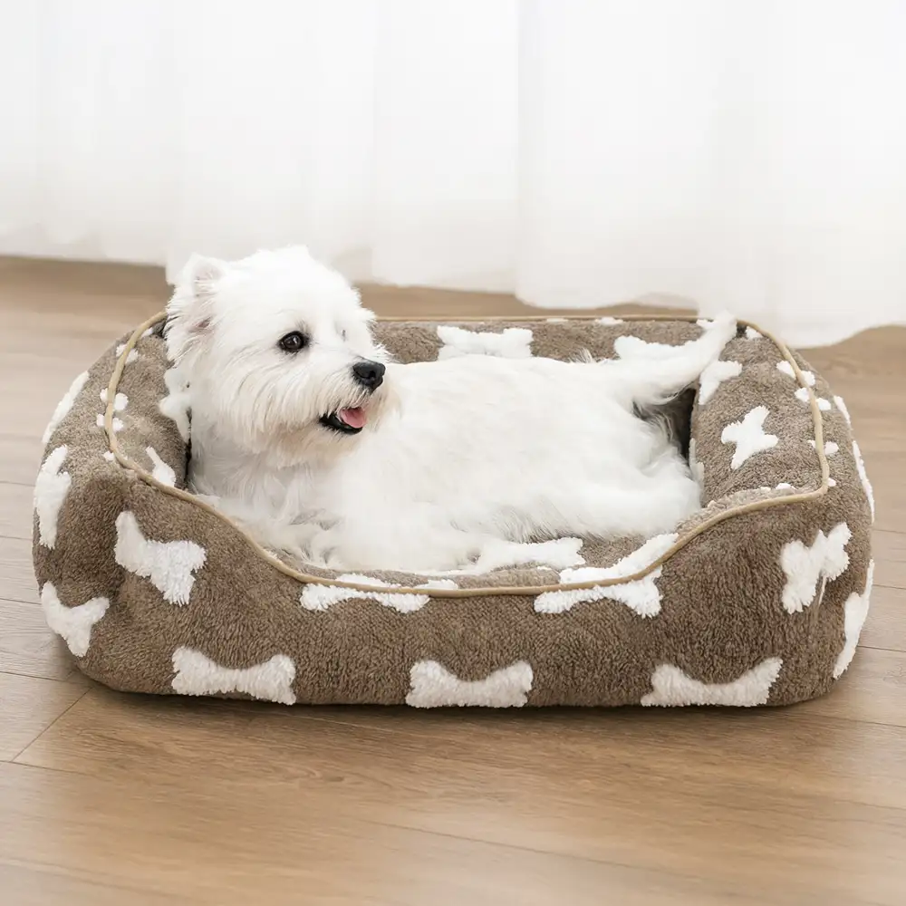 Plush Bone Pattern Square Deep Sleep Dog Bed - Image 4